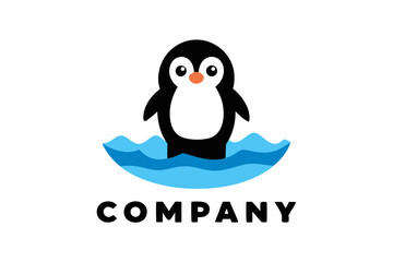 A logo with a cartoon penguin standing next to it