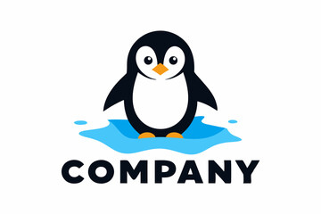 A logo with a cartoon penguin standing next to it
