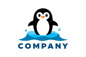 Naklejka premium A logo with a cartoon penguin standing next to it