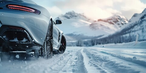 Luxury car on a snowy mountain road at sunrise, emphasizing adventure and elegance. Free copy space for banner.