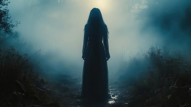 eerie silhouette of ghostly woman with flowing black hair emerging from misty dark forest moonlight casting long shadows creating chilling atmosphere