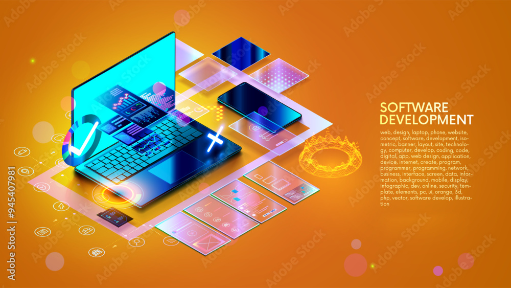 Fototapete Web design, website create isometric concept. Software development, web design banner. Laptop, phone with website layout. Site development technology banner. Computer software development technology.