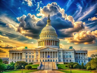 Fototapeta premium Majestic white, blue, and gold Capitol building rises against a brilliant blue sky dotted with soft, billowy white clouds, a stunning sight to behold.