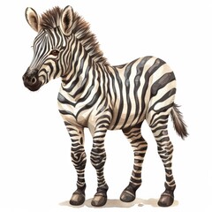 A digitally painted illustration of a young zebra standing on a white background, viewed from the side