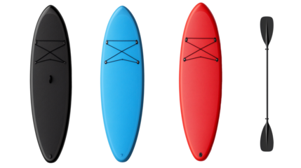an oar paddle surf and Three paddle boards in different colors isolated on white or transparent background