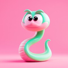 Fototapeta premium A playful, cartoonish snake character with large eyes on a pink background.