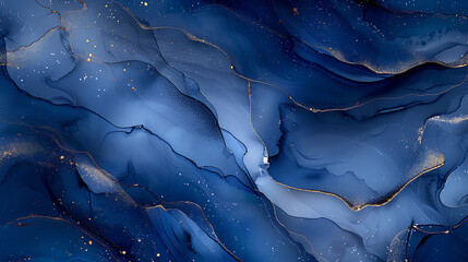 Elegant navy blue abstract fluid art highlighted by shimmering gold accents, creating a luxurious and modern aesthetic.