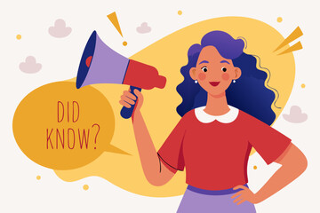 Did you know, fun fact, idea or advice message, useful knowledge or wisdom, expert information, explanation or solution, useful tips concept, woman talk on megaphone on did you know speech bubble.
