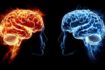 Obraz premium Two human profiles with glowing brain connections in a dark setting symbolize the intellectual connection and the powerful exchange of ideas in a contrasting futuristic context