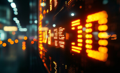 Close-up of digital stock market ticker with blurred city background.