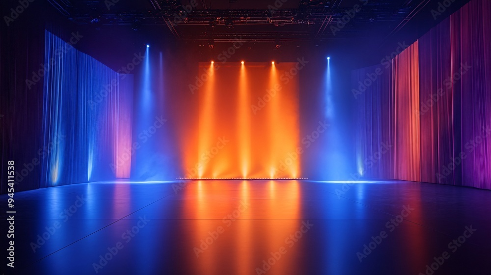 Wall mural dynamic lighting, blank stage, rotating bright orange and blue lights creating movement and energy, 