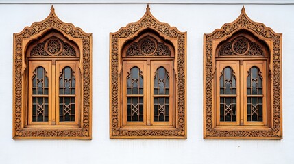 Obraz premium Three intricately carved wooden windows with ornate frames against a white wall.