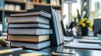 Office Table Covered in Piles of Documents and Binders Representing Workplace Chaos