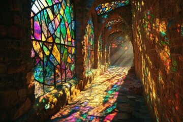 Obraz premium This image captures a corridor adorned with colorful stained glass windows, creating an enchanting passage filled with colorful light reflections dancing across the stone floor and walls.