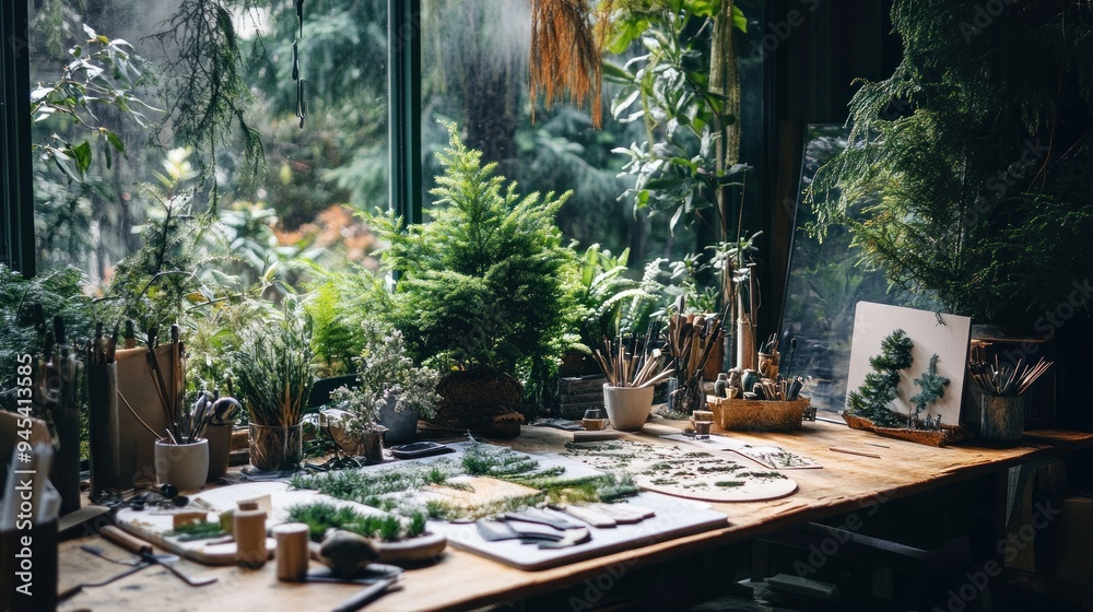 Poster A wooden table covered in art supplies, potted plants, and greenery, with a large window in the background.