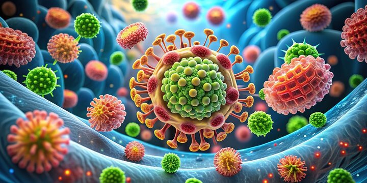 Microscopic illustration of intestinal cells under attack by viral particles, depicting inflammation and damage to villi, highlighting the impact of viral infections on gut health.