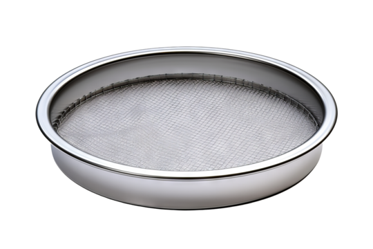 High-quality stainless steel sieve with fine mesh isolated on transparent background, perfect for culinary arts, baking projects, and professional kitchen tools design.