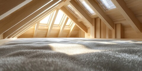 3D rendering of an unfinished loft conversion project featuring silver insulation roof windows and a wooden wall structure with selective focus
