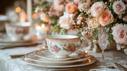 Fototapeta premium elegant wedding table setting with delicate floral arrangements and soft candlelight fine china crystal and vintageinspired details create a romantic and sophisticated atmosphere