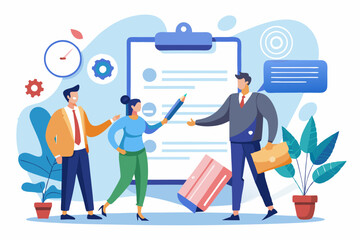 Employment contract agreement, corporate partnership document with signature, new employee signing contract, legal paperwork, recruitment document concept, businessman handshake with contract paper.
