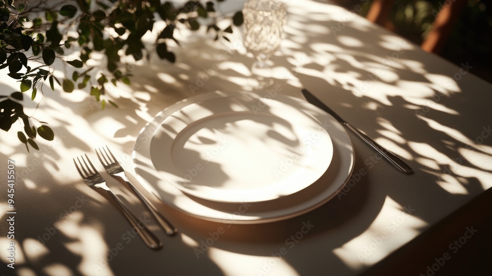 Fototapete 3D rendering of a festive table setting featuring a white plate and cutlery surrounded by sunlight and shadows cast by tree branches