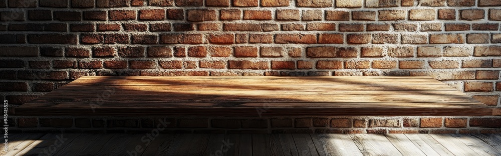 Poster 3d rendering of an empty wooden table against a brick wall with sunlight shadows creating a horizont