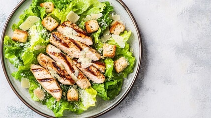 A plate of grilled chicken Caesar salad with romaine lettuce, croutons, and shaved Parmesan cheese, drizzled with Caesar dressing and served on a ceramic plate with a clean, neutral background