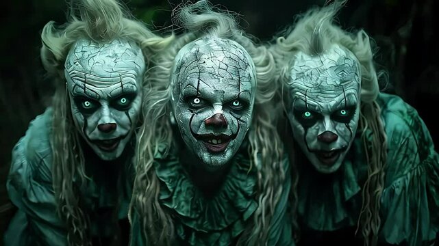 Three menacing clowns with glowing eyes and creepy makeup in a dark forest.