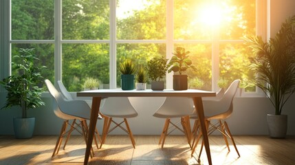 Fototapeta premium Modern dining room with white chairs and table against a large window with sunlight streaming through.