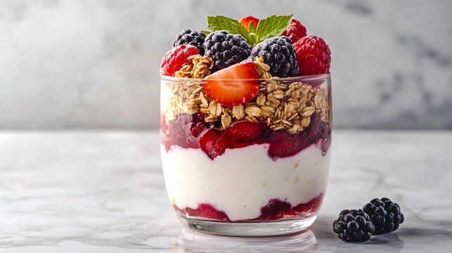 A beautifully arranged fruit and yogurt parfait with layers of granola, fresh berries, and a drizzle of honey, placed on a marble countertop with a light background