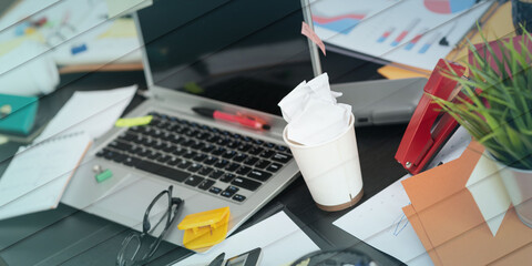 Messy and cluttered desk, geometric pattern