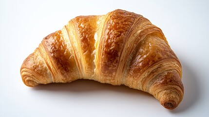 A crisp, flaky golden-brown croissant shown from a top-down view on a white background, highlighting its luscious layers and buttery texture perfect for breakfast.