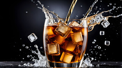 A refreshing soda drink or cola, served with ice cubes, creating a splash and bubbles, perfect for a summer party or celebration. ai generative	