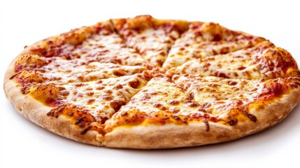 A mouthwatering cheese pizza with a golden crust and perfectly melted cheese, cut into slices and presented against a clean white background, ready to enjoy.