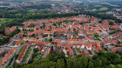 An Aerial panorama view around the old town of the city Gardelegen on an early summer day in Germany.