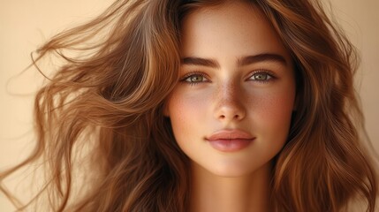 Obraz premium elegant young woman with flowing glossy brown hair soft lighting enhances the shine and movement of her perfectly styled locks embodying hair care and beauty