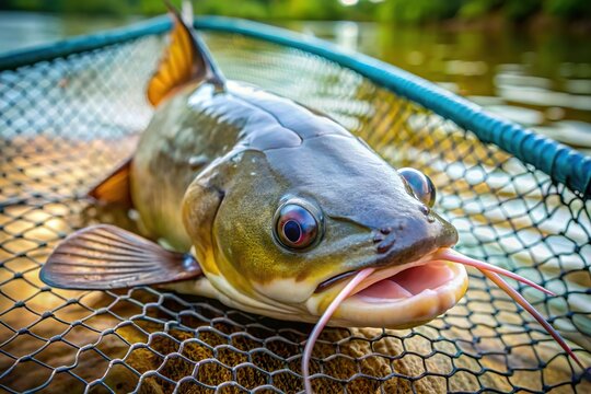 Freshly caught catfish in fishing net closeup
