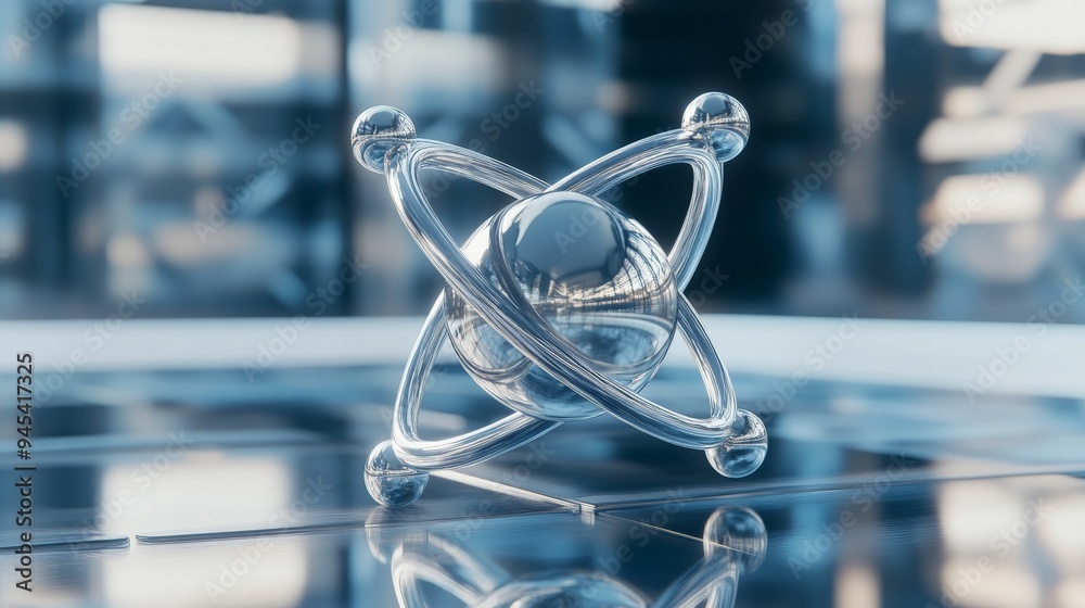 Poster a sleek image showcasing a transparent glass-like model of an atom placed in a futuristic lab, symbo