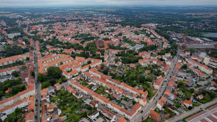 An Aerial panorama view around the old town of the city Stendal on an early summer day in Germany.