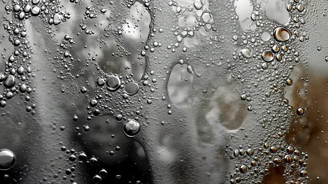 Rain creates a mesmerizing cascade of water droplets on a fogged window, presenting a beautiful display of nature's artistry on a dreary afternoon in the city.