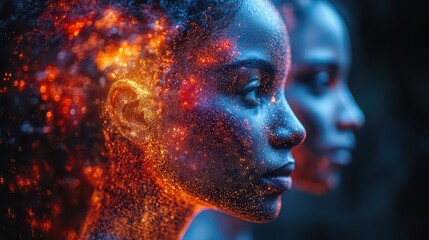 empowering holographic avatars of diverse women uniting to form a globeshaped network augmented reality infographics showcase achievements and progress in gender equality