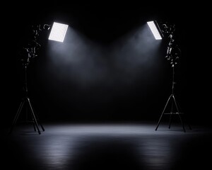 A dramatic lighting setup featuring two softbox lights illuminating a dark stage, creating an atmospheric effect.