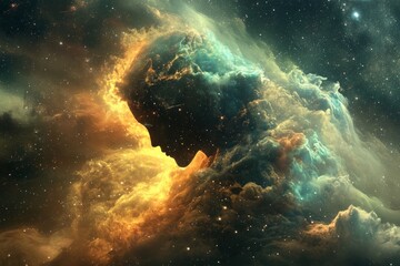 A mesmerizing nebula takes the form of a human face within the expansive void of space, symbolizing the intrinsic connection between human existence and the cosmos.