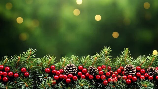 Adorn your space with winter decorations that showcase vibrant red berries and elegant pinecones nestled among evergreen branches for a cozy, festive atmosphere.