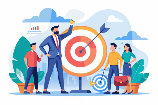 Company target achievement, business goal or objective to achieve, team strategy, leadership development, aiming for winning goal concept, businessman point arrow bullseye target to team colleagues. 
