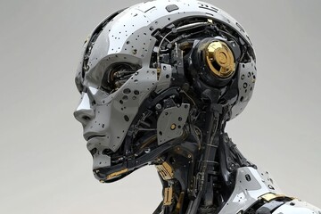 A futuristic cyborg head with exposed mechanical components symbolizing the integration of human intelligence with advanced technology and the evolution of artificial cognition