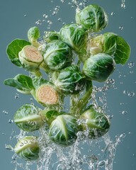 Fresh green brussels sprouts fall into water creating a splash with bubbles.