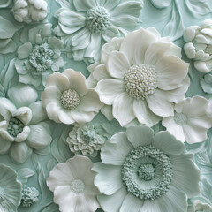 3D bas-relief of flowers close-up in mint tones. Template for romantic, greeting card, invitation. Creative interior decor for an exhibition pavilion, presentation, advertising of herbal products, dec