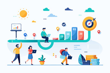 Obraz premium Timeline project planning, work progress milestone or step to success, plan or strategy diagram, business journey or process to reach goal concept, businessman running on project timeline milestones 