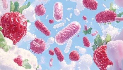 A vibrant illustration of colorful bacteria among fresh strawberries and clouds, showcasing a whimsical blend of nature and science.